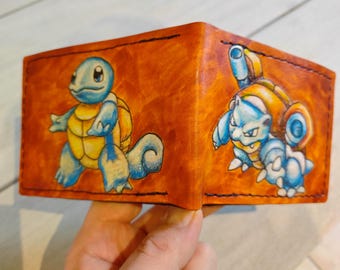Squirtle and Blastoise - Leather Bifold Wallet - Handcrafted Wallet -