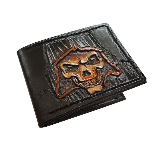 Grim Reaper Cartera plegable de cuero Cartera de calavera hecha a mano Etsy Mexico