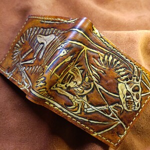 Esqueleto de dragón - Fósil - Cartera plegable de cuero - Cartera artesanal -