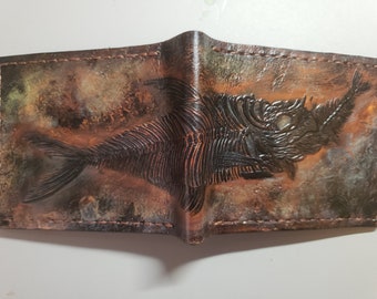 Fish Fossil - Leather Bifold Wallet - you choose mettalic gold, brown or black for the fossil -