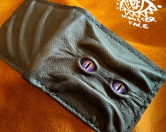 Purple eyes Grumpy Schmuggle face leather wallet - Necromonicon - demon eyes - Leather wallet.