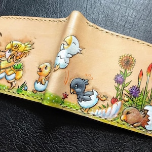 Floral Chocobo Chick march - Tan Leather Bifold Wallet - Handcrafted Final Fantasy inspired Wallet - baby