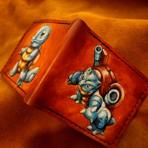 Squirtle y Blastoise - Cartera plegable de cuero - Cartera hecha a mano -