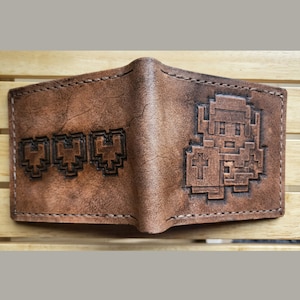 Contenedores Pixel Link y Heart - Cartera de cuero - Cartera plegable de cuero - Cartera artesanal Legend of Zelda - Cartera Link