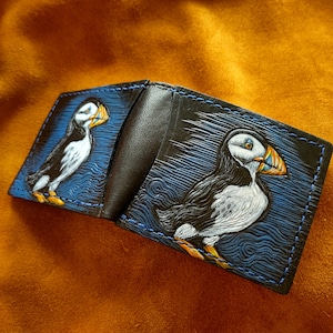 Cartera de piel de frailecillo - Cartera de piel plegable - Hecha a mano -