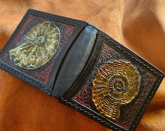Ammonite Fossil - Leather Bifold Wallet - you choose mettalic gold, brown or black for the fossil -