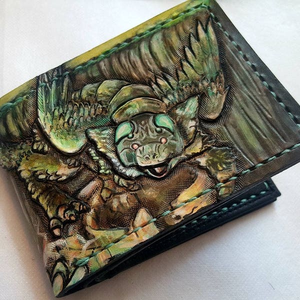 Trico the last guardian inspired Leather Bifold Wallet - Handcrafted Wallet - carved - painted