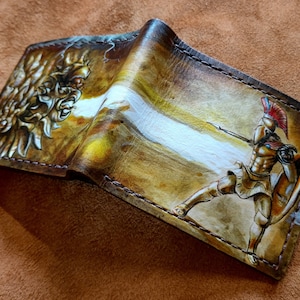 Cartera plegable de cuero guerrero espartano y dragón