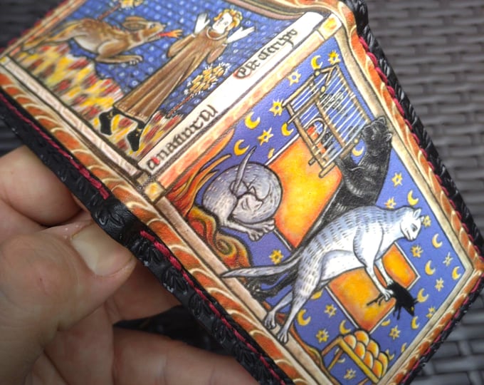 Marginalia medieval cats and monk and rabbit- leather wallet- Dark Brown and ivory colour - Leather Bifold Wallet - Handcrafted