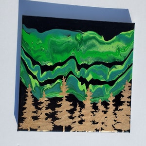 Acrylic Pour - Northern Lights w/ Gold Spruce Trees