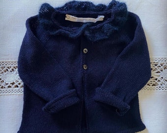 Cardigan cashmere 100% collerette mohair marine taille 6 mois