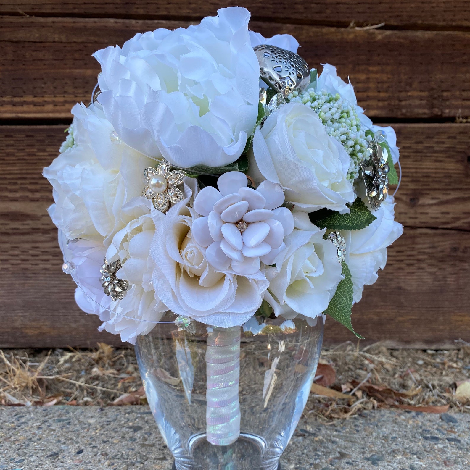 White Sparkling Wedding Bouquet with Matching Boutonnière Etsy