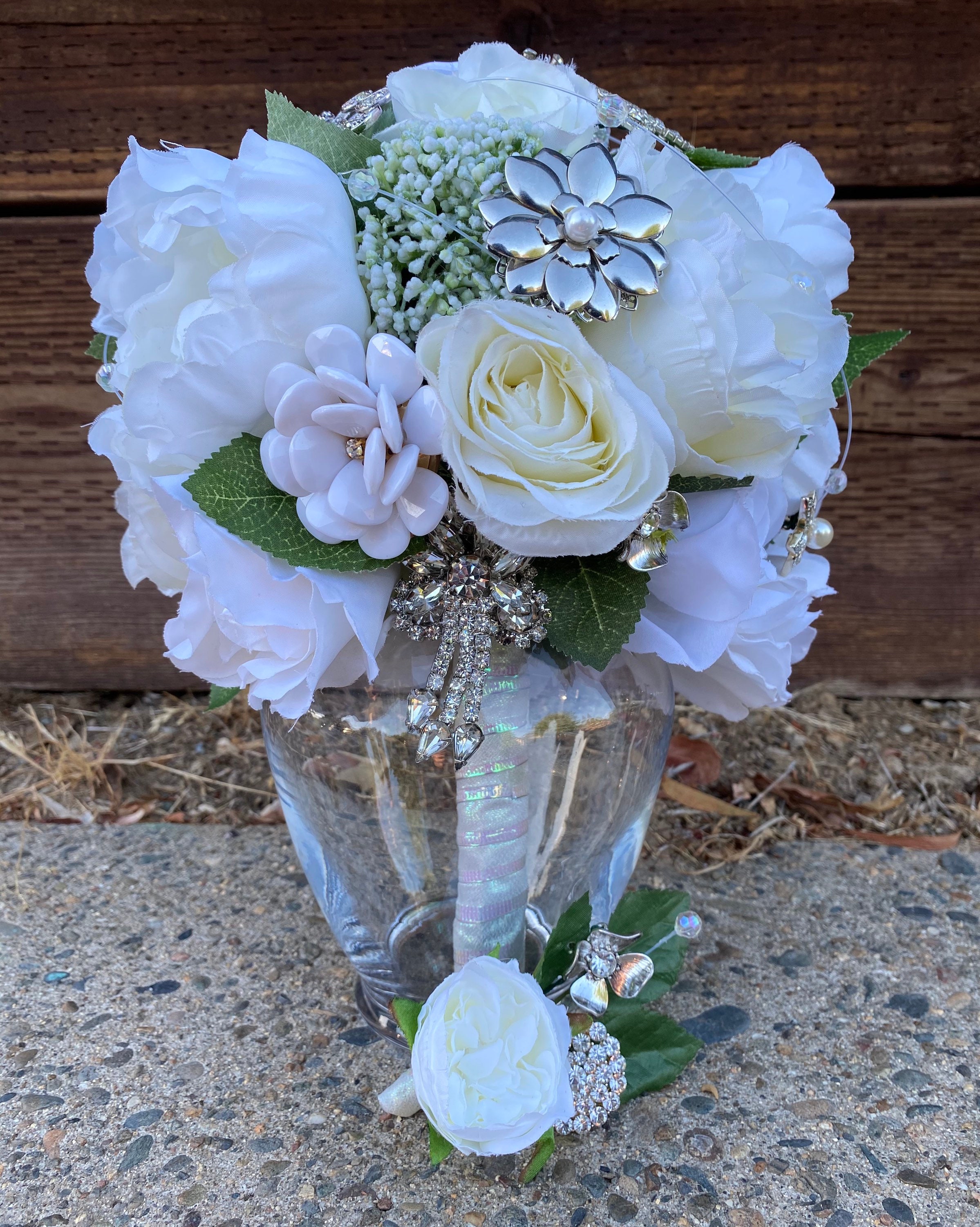 White Sparkling Wedding Bouquet with Matching Boutonnière Etsy