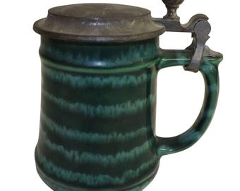 Gmundner Keramik Beer Mug Pewter Lid – Flamed Green Vintage German Stein Tankard With Pewter Lid & Green Ceramic Glaze