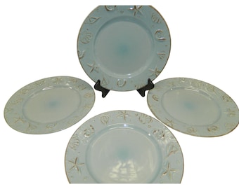 Thomson Pottery Cape Cod Blue Seashell Set Of 4 Dinner Plates Beach Dinnerware
