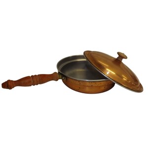 Vtg French Copper Brass Saute Pan Wooden Handle Dome Lid 9.5" Heavy Farmhouse