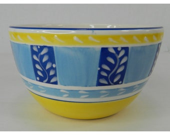 The Cellar Blue White Yellow Soup Cereal Bowl Diamond Vine Stripe Italy Inspired
