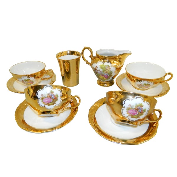 Vtg Waldershof Bavaria Germany 22 kt Gold Porcelain 4 Cups  Saucers  Creamer C