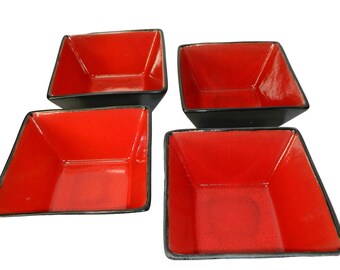 Oneida Sunset Stoneware Red Black Sponge Set Of 4 Square Bowls 6&quot; Buy More Save