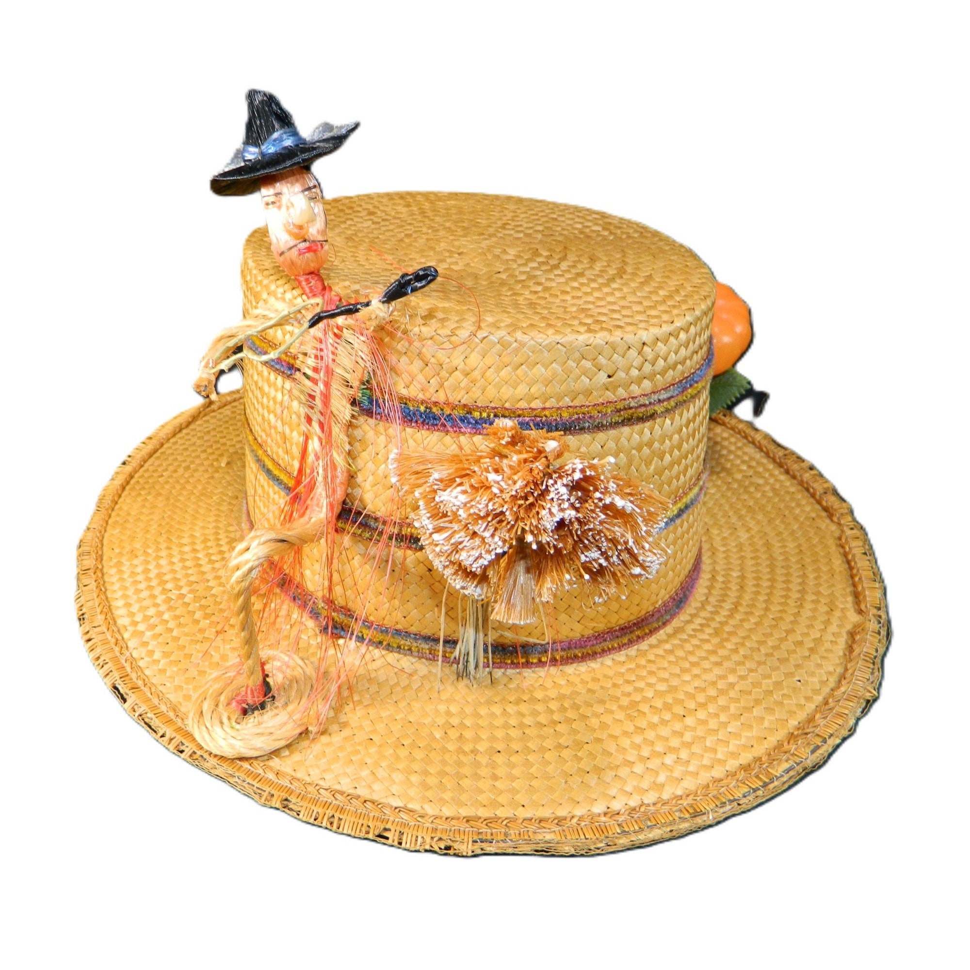 Vtg Italian Straw Hat With Figurine & Accents 1950s Boater Gatsby Autumn Fall 1950s Boater Hat - Etsy main image 2