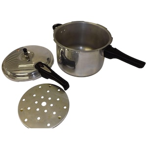 May include: A stainless steel pressure cooker with a lid and a perforated metal insert. The cooker has a black handle and a silver finish. The lid is also silver and has a black handle.