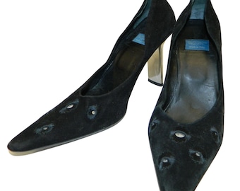 Vtg Goffredo Fantini 37.5 Black Suede Pumps Sz 7 Silver Accents & Cutout Details