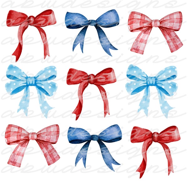 Red and Blue Bows PNG, Fourth of July PNG, Red Bow PNG, Blue Bow png, Patriotic png, Watercolor png, Pretty png, Cute png, sublimation