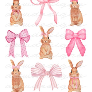 May include: Nine watercolor illustrations of brown bunnies with pink bows. Some bunnies have polka dot bows, some have striped bows, and some have solid pink bows.