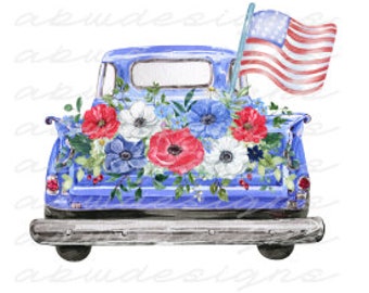 Patriotic Blue Truck PNG, 4th of July Blue Truck PNG, USA Blue Truck, Floral Blue Truck