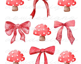 Cottage Mushrooms and Bows PNG, Cottage png, Mushrooms png, Bows png, sublimation, digital