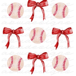 Baseball and Bows Red PNG, Baseball png, Bow png, Red Bow png, Ribbons png, sublimation