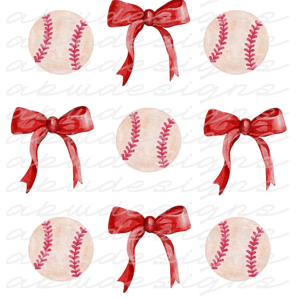 Baseball and Bows Red PNG, Baseball png, Bow png, Red Bow png, Ribbons png, sublimation