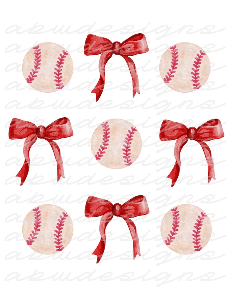 Baseball and Bows Red PNG, Baseball png, Bow png, Red Bow png, Ribbons png, sublimation image 1