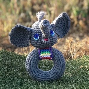 Crochet Elephant Baby Toy, Baby Elephant w/Donut handle Rattle - Elephant Baby Rattle - Elephant Baby Gift, Crochet Elephant Baby Rattle.