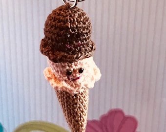 Double Scoop Ice Cream Cone Bag Charm, Ice Cream Cone Keychain, Ice Cream Window Charm, Chocolate Car Charm.