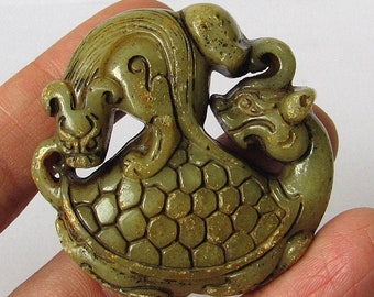 Antique Hollow Carved Vintage Double Loong Dragon Jade Big Pendant Unique Jade Amulet Talisman Jewelry Finding 63x137mm