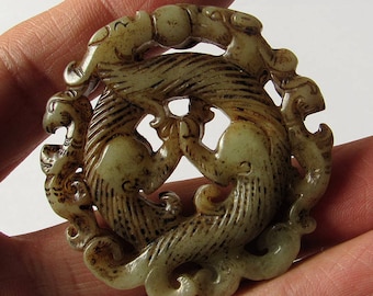 Antique Hollow Carved Vintage Double Loong Dragon Jade Big Pendant Unique Jade Amulet Talisman Jewelry Finding 63x137mm