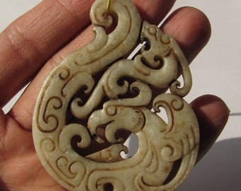 Antique Hollow Carved Vintage Double Loong Dragon Jade Big Pendant Unique Jade Amulet Talisman Jewelry Finding 63x137mm