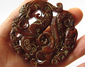 Antique Hollow Carved Vintage Double Loong Dragon Jade Big Pendant Unique Jade Amulet Talisman Jewelry Finding 63x137mm