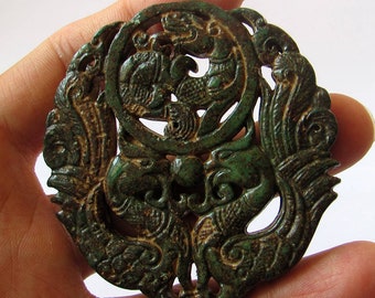 Antique Hollow Carved Vintage Double Loong Dragon Jade Big Pendant Unique Jade Amulet Talisman Jewelry Finding 63x137mm