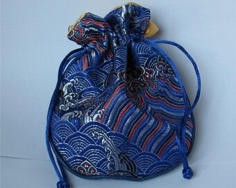 8 Pockets Cobalt Blue Handmade Drawstring Jewelry Pouch Cotton /& Raw Thai Silk Fabric