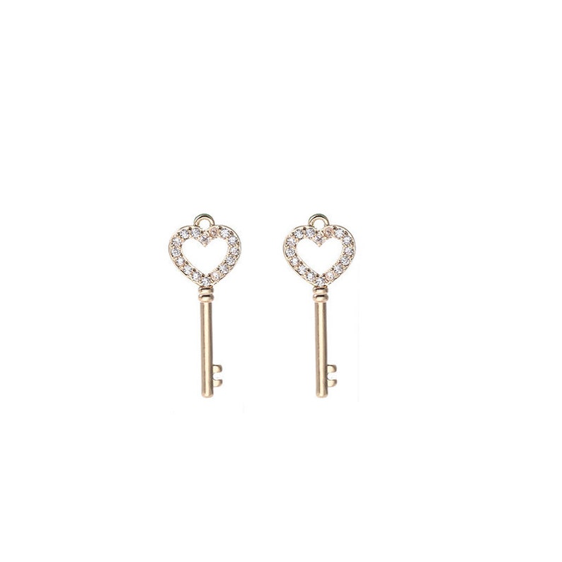 10 Tiny Lucky Key Charm Pendant Rhinestone Embellishment Dainty 14K Gold Filled Delicate Jewelry finding 18x12mm