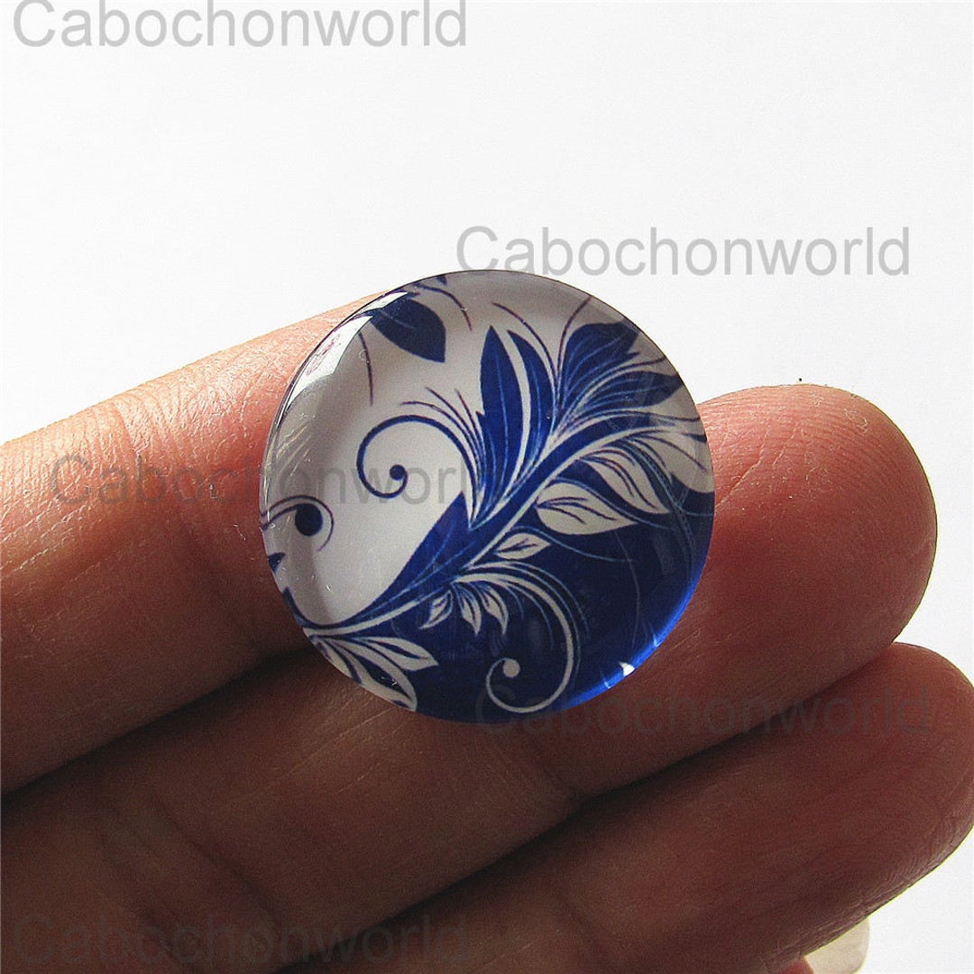 Mixed blue flower glass cabochons, White porcelain photo round dome