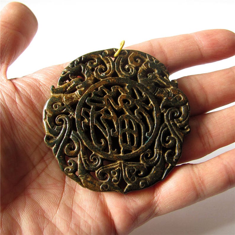 Antique Hollow Carved Vintage Double Loong Dragon Fu Lu \u798f\u7984 Jade Pendant Unique Jade Amulet Talisman Handmade Jewelry Finding 65mm