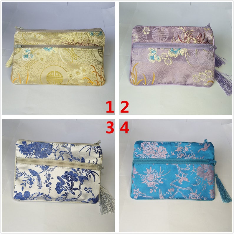 Bulk 50 5x6.5 Colorful Chinese Silk Pouches Pocket Money Coins Bags with Two Zips Grab Bag lot Traditional Packaging Bags for Jewelry Gifts