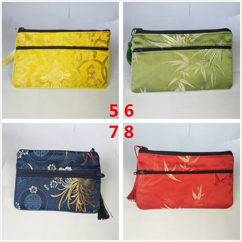 Bulk 50 5x6.5 Colorful Chinese Silk Pouches Pocket Money Coins Bags with Two Zips Grab Bag lot Traditional Packaging Bags for Jewelry Gifts