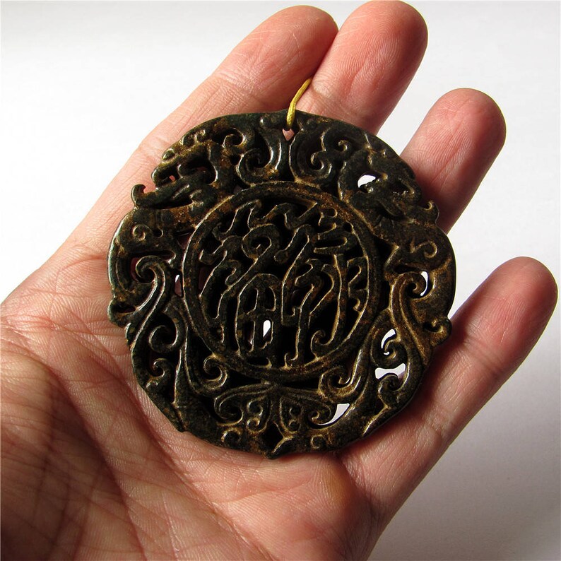 Antique Hollow Carved Vintage Double Loong Dragon Fu Lu \u798f\u7984 Jade Pendant Unique Jade Amulet Talisman Handmade Jewelry Finding 65mm