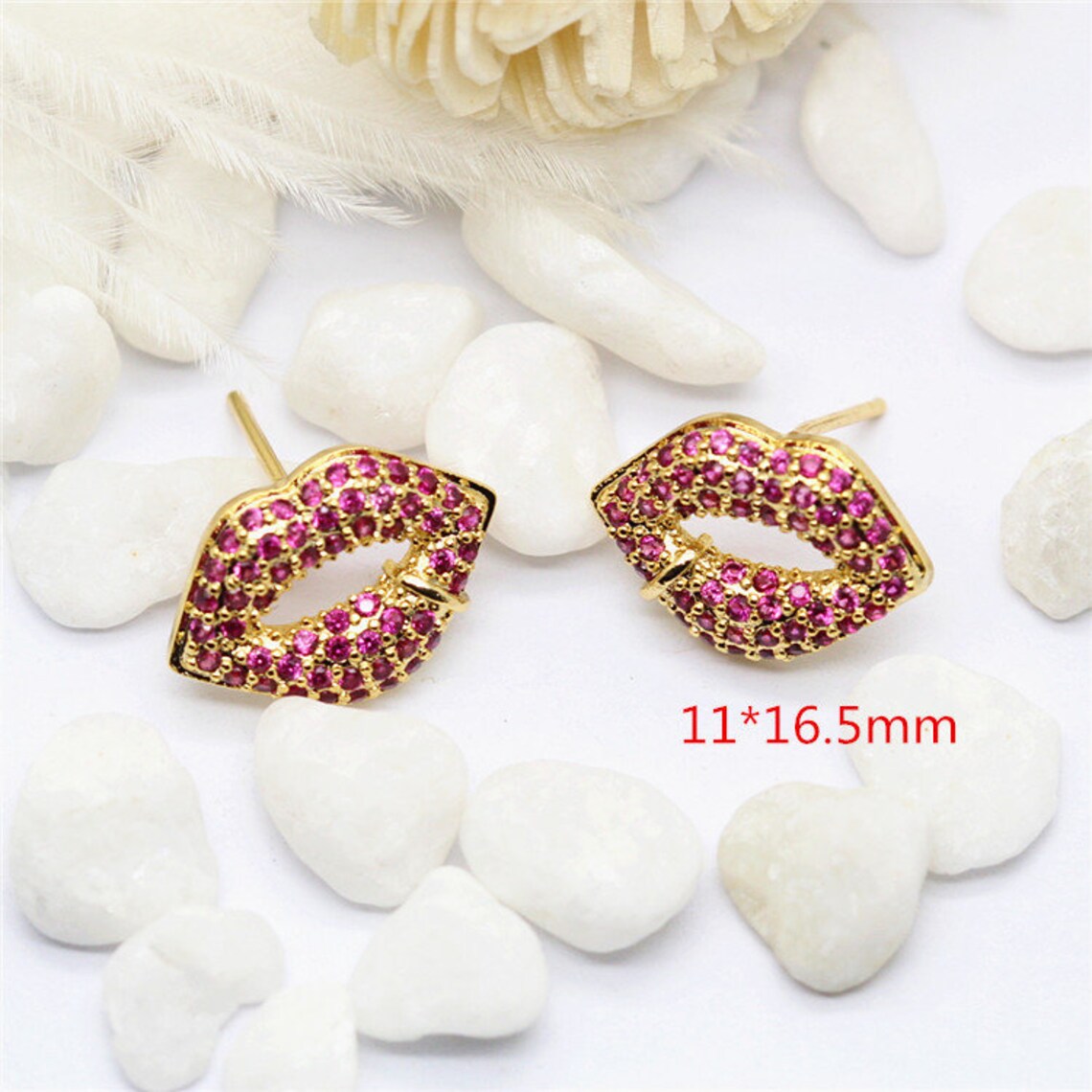 6 14K Gold Filled Red Lip Print Earring Studs Rhinestone Etsy