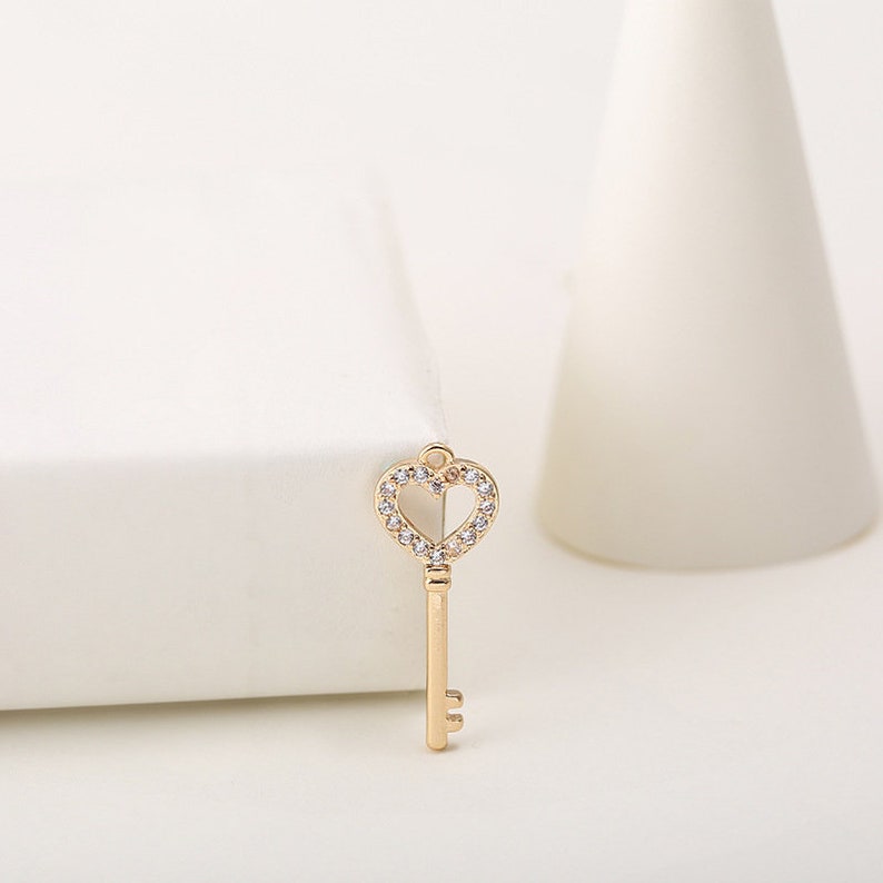 10 Tiny Lucky Key Charm Pendant Rhinestone Embellishment Dainty 14K Gold Filled Delicate Jewelry finding 18x12mm