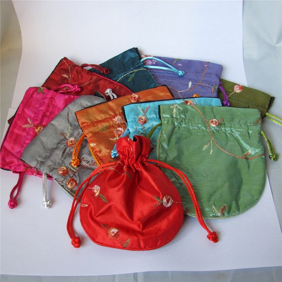 Bulk 50 5x6.5 Colorful Chinese Silk Pouches Pocket Money Coins Bags with Two Zips Grab Bag lot Traditional Packaging Bags for Jewelry Gifts